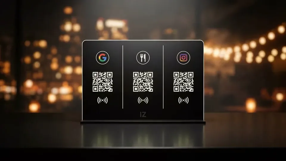 Google, menü ve Instagram karekodlarını taşıyan NFC masa standı