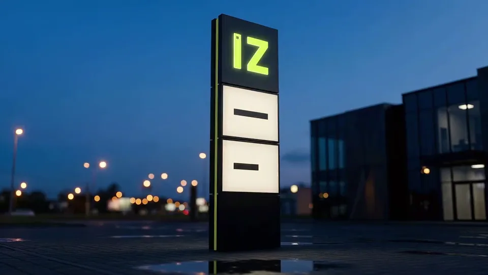 Yol kenarındaki pilon totem tabelanın akşam saatinde yanması