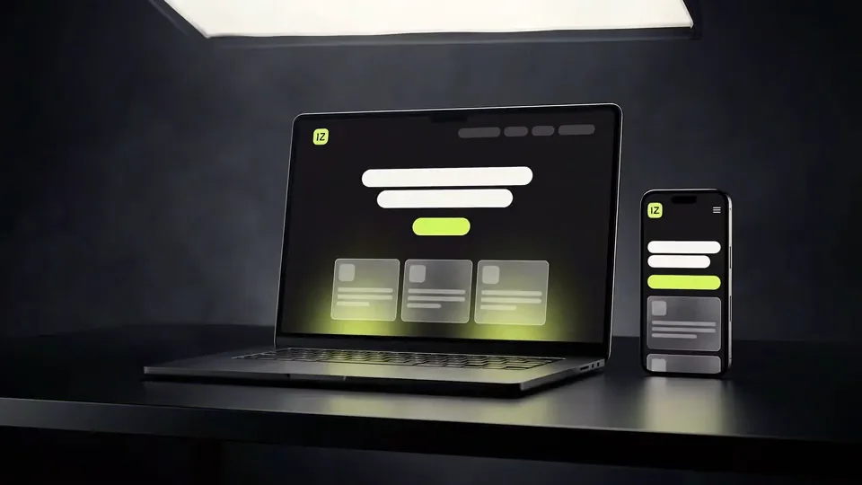 Dizüstü ve telefon ekranında bir web sitesi arayüzünün neon ışıkla kurulması