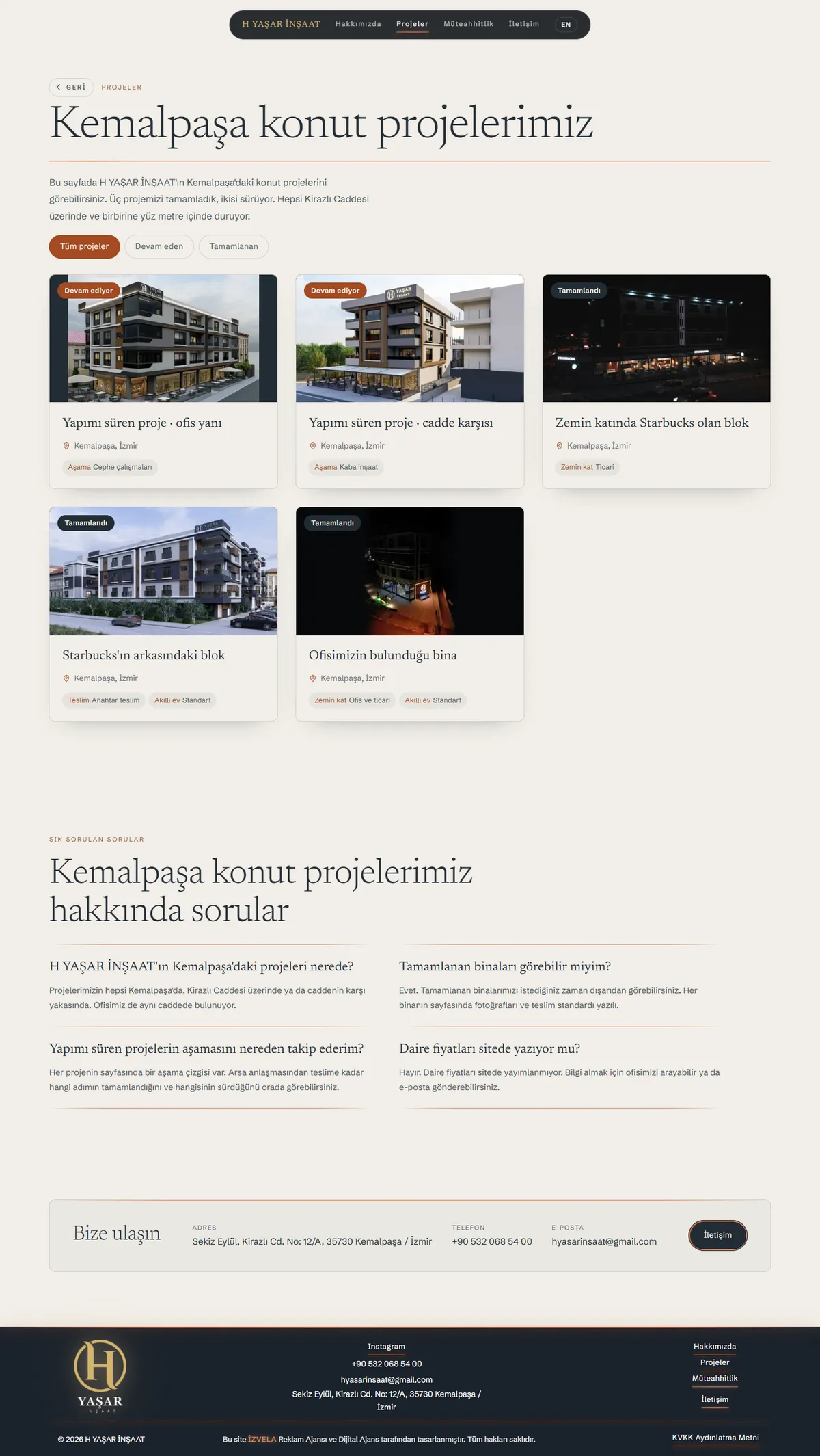 H YAŞAR İNŞAAT web sitesi, aşama rozetli ve filtreli projeler sayfası, H YAŞAR İNŞAAT, Kemalpaşa / İzmir