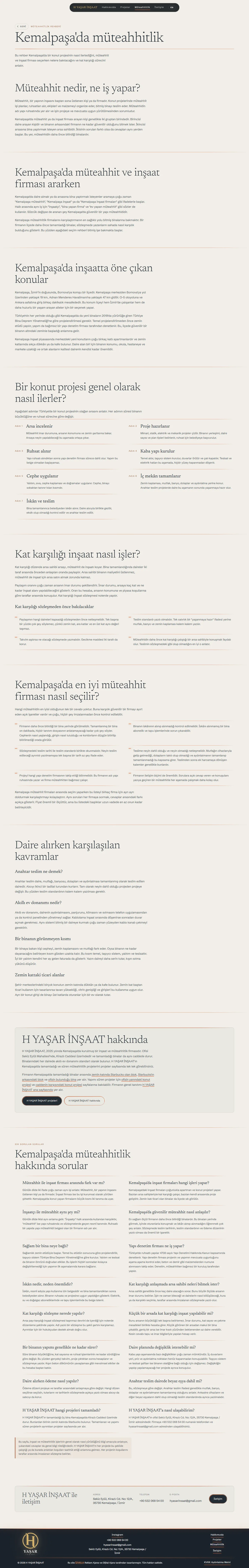 H YAŞAR İNŞAAT web sitesi, Kemalpaşa’da müteahhitlik rehberi sayfası