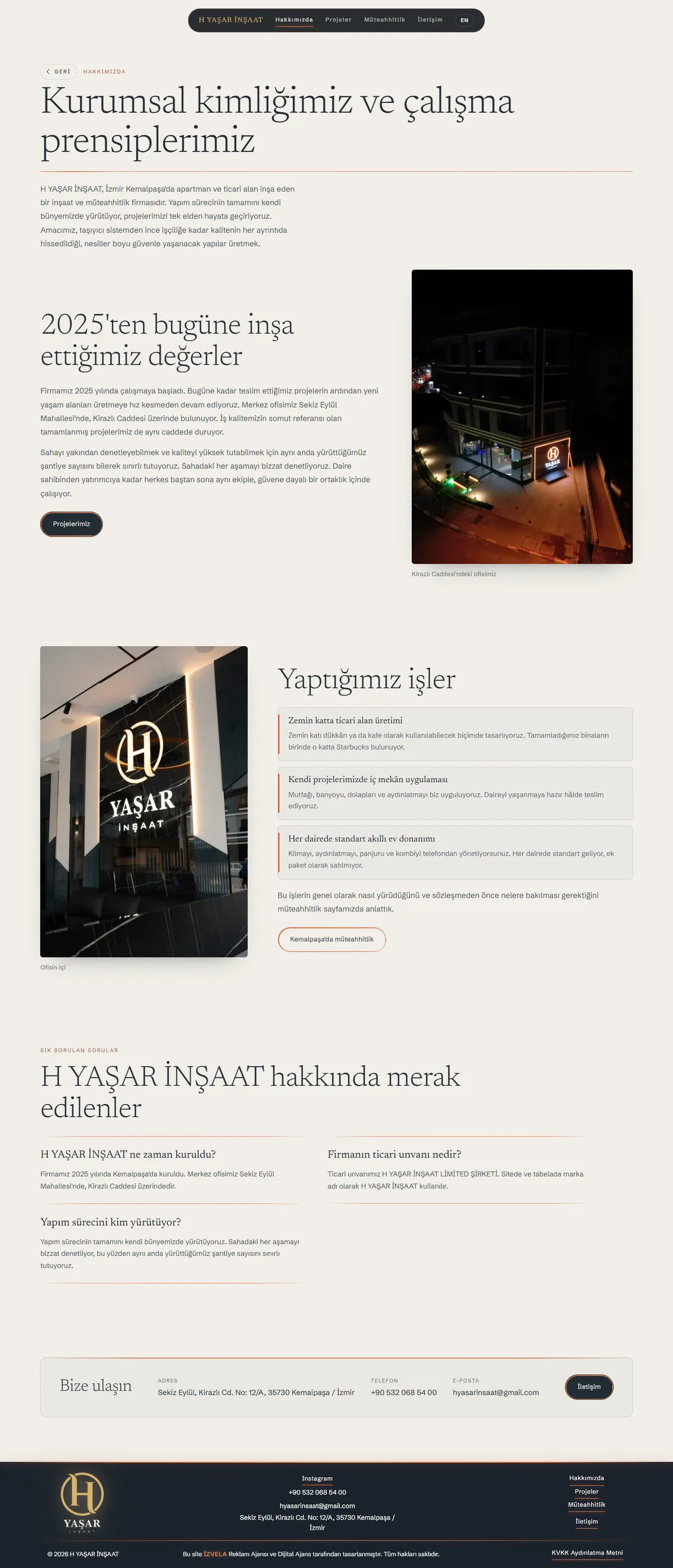 H YAŞAR İNŞAAT web sitesi, hakkımızda sayfası, H YAŞAR İNŞAAT, Kemalpaşa / İzmir