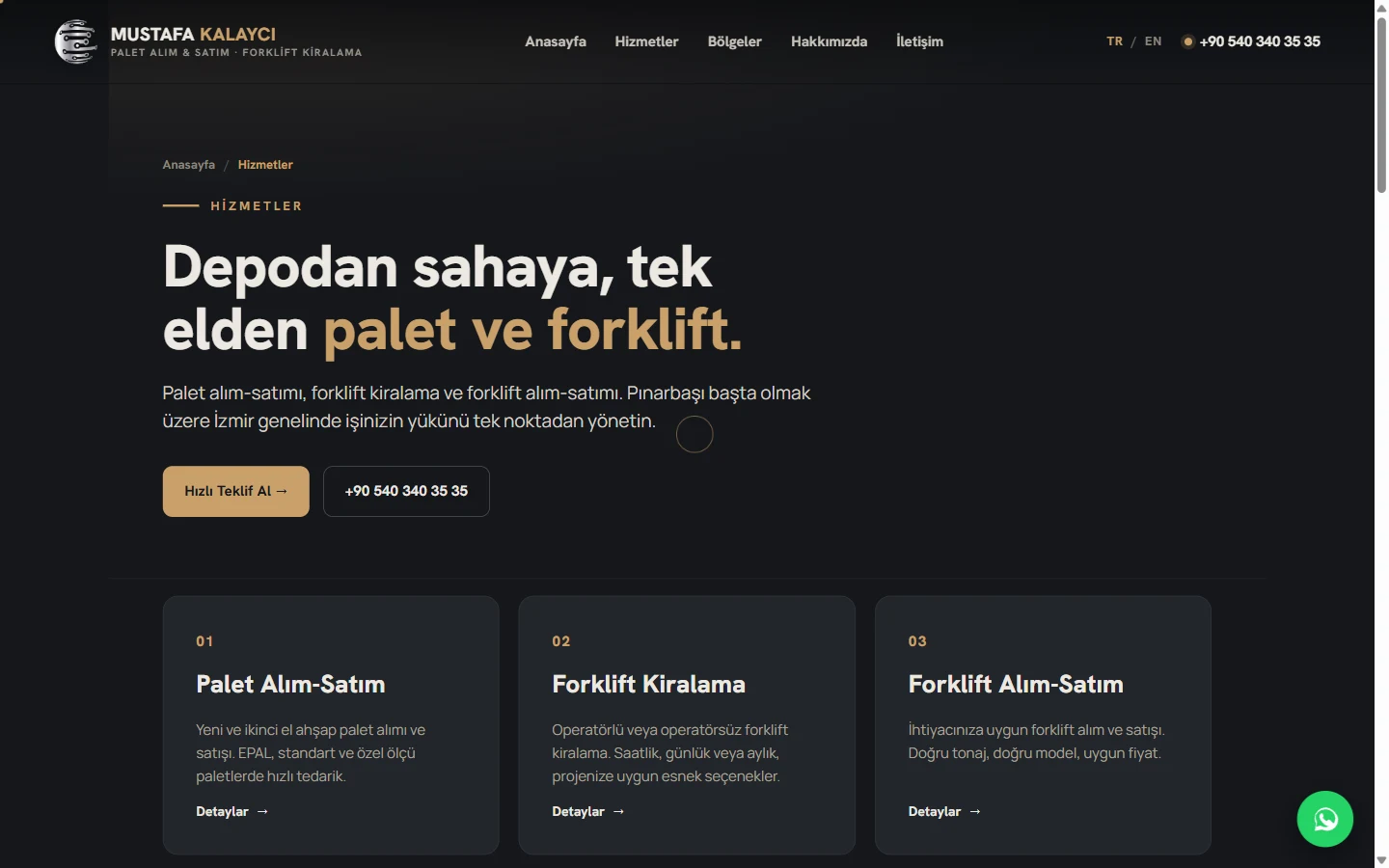 Mustafa Kalaycı web sitesi, hizmetler sayfası (palet alım-satım, forklift kiralama ve satış kartları)