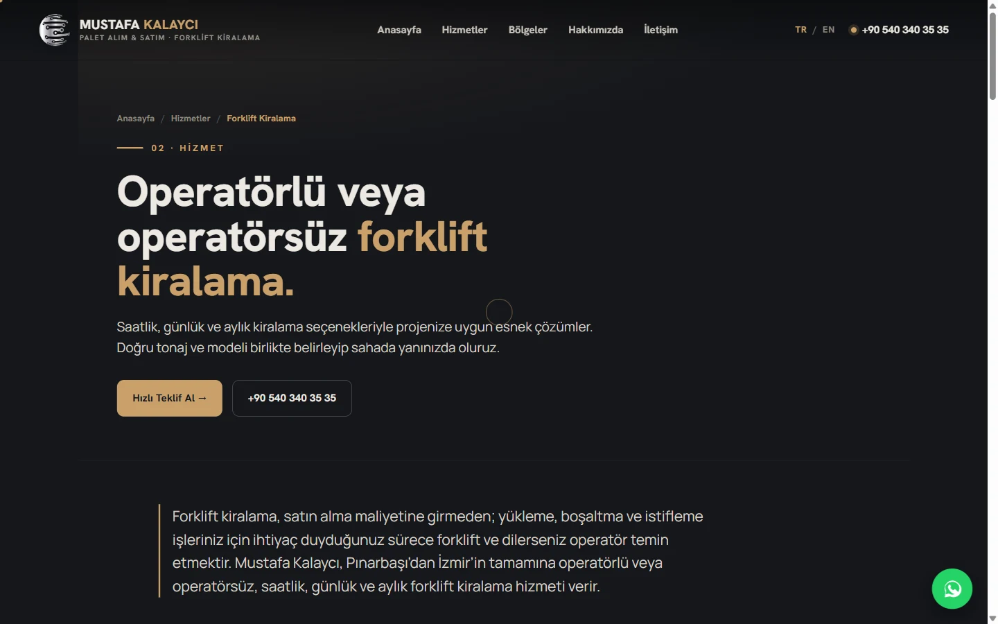 Mustafa Kalaycı web sitesi, forklift kiralama hizmet detay sayfası