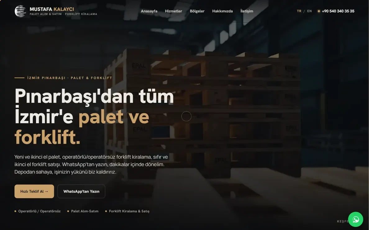 Mustafa Kalaycı palet & forklift web sitesi, video arka planlı açılış ekranı