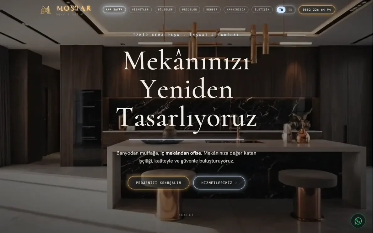 MOSTAR tadilat web sitesi, sinematik açılış ekranı