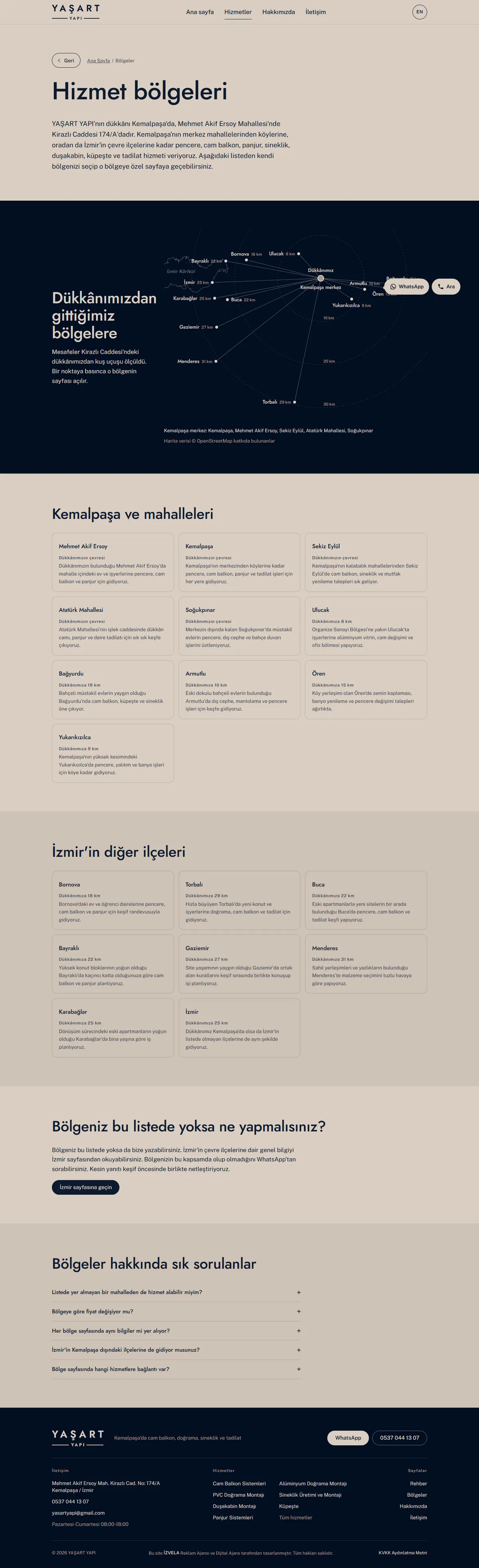 YAŞART YAPI web sitesi, hizmet bölgeleri sayfası, YAŞART YAPI, Kemalpaşa / İzmir